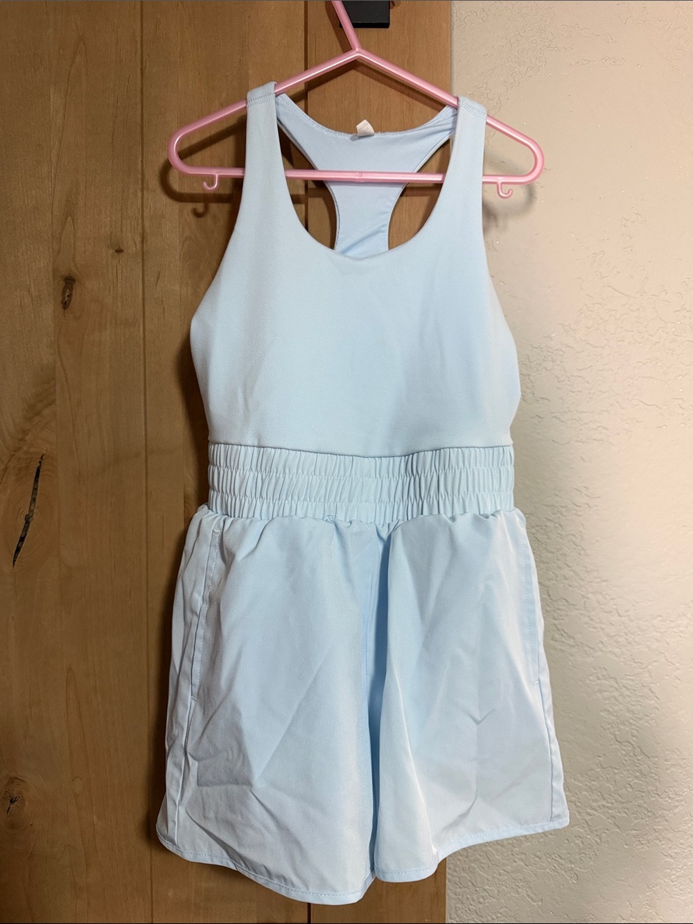 Girls Light Blue Athletic Romper with Elastic Waist